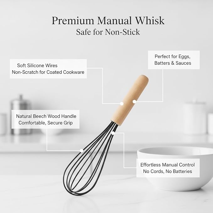 Manual Whisk with Silicone Head and Wood Handle for Coated Cookware (1 PC)