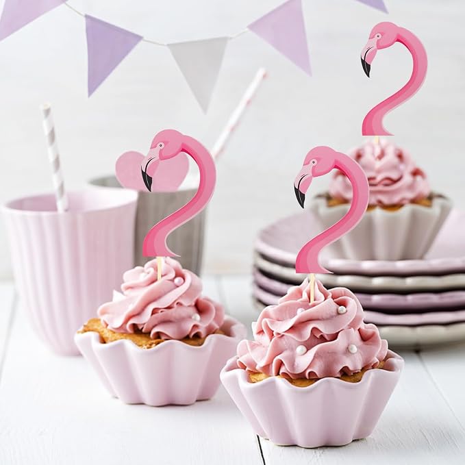 24Pcs Flamingo Cupcake Toppers, Tropical Cupcake Toppers Aloha Cake Decorations for Luau Hawaiian Theme Baby Shower Flamingo Birthday Party Supplies