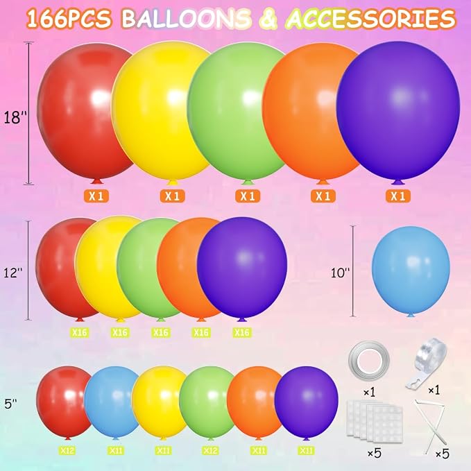 MEBAY Rainbow Balloon Arch Kit, 166Pcs 18 12 10 5 inch Colorful Latex Balloons Garland for Birthday Baby Shower Wedding Engagement Anniversary Mother's Day Party Decorations