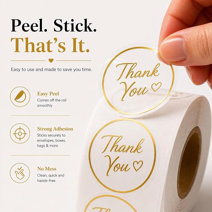 Thank You Stickers for Small Business – 500 Clear Round Stickers with Gold Foil Script, 1.5 Inch Waterproof Adhesive Labels for Packaging, Envelopes & Gift Bags