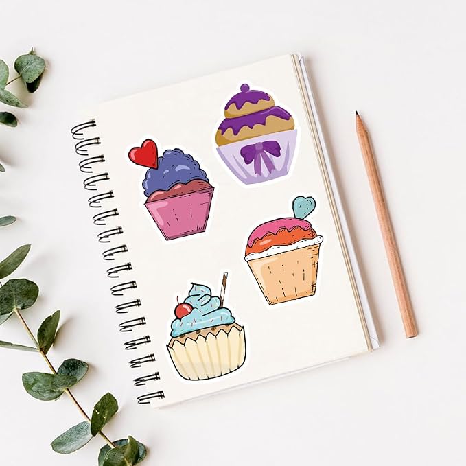 Sweet Cupcake Vinyl Stickers, 50 PCS Waterproof Illustrated Dessert Decals for Laptops, Scrapbooking, Journals, Notebooks, Water Bottles, Suitcases, Phones & DIY Decor