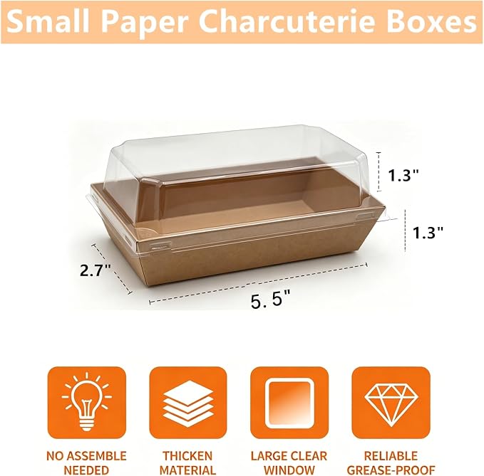 100 Pack Charcuterie Boxes with Clear Lids, Small To Go Food Containers, Disposable Kraft Bakery Treat Boxes for 2 Cupcakes, Cake Slice Sushi Strawberry with Stickers