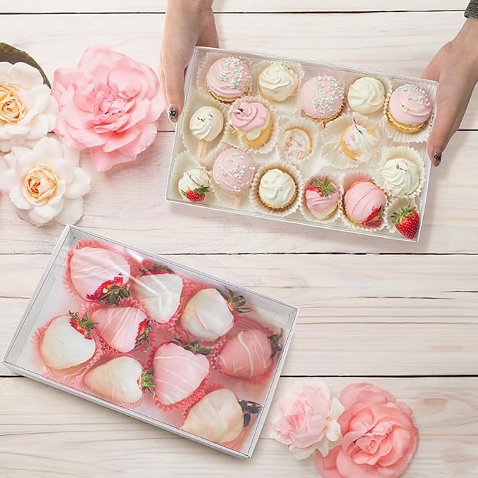 Tebery 50 Pack Cookies Boxes with Full Clear Window, 9.5 x 6 x 1.25 Inch Pastry Bakery Box, Macaron Treat Packaging Boxes for Wedding, Party, Take Out Container for Chocolate, Donuts, Muffin, Dessert