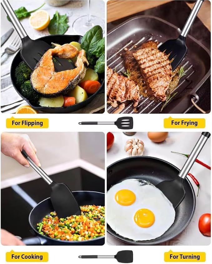 Premium Silicone Kitchen Utensil Set, 4-Piece Cooking Tools with Stainless Steel Handles, Black Non-Stick Spatula and Spoon Collection