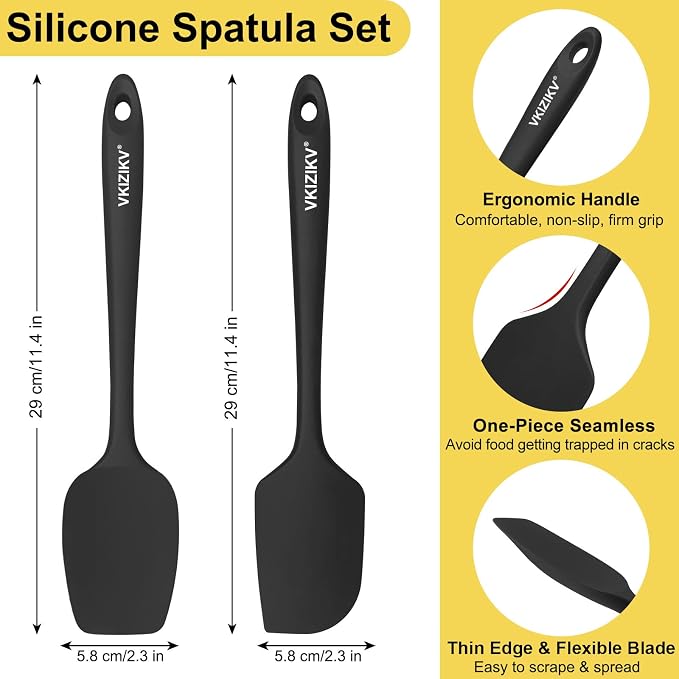 Silicone Spatula Set, 11.4 in, 600°F Heat Resistant (Black) | Food Grade Rubber, BPA Free, Stainless Steel Core, Flexible for Cooking, Baking, Mixing, Seamless, Nonstick & Dishwasher Safe