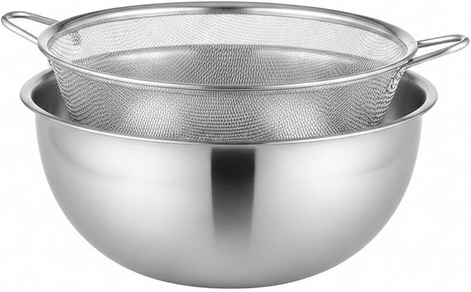 Stainless Steel Mixing Bowl Set with Nested Strainer for Washing, Draining, and Food Prep