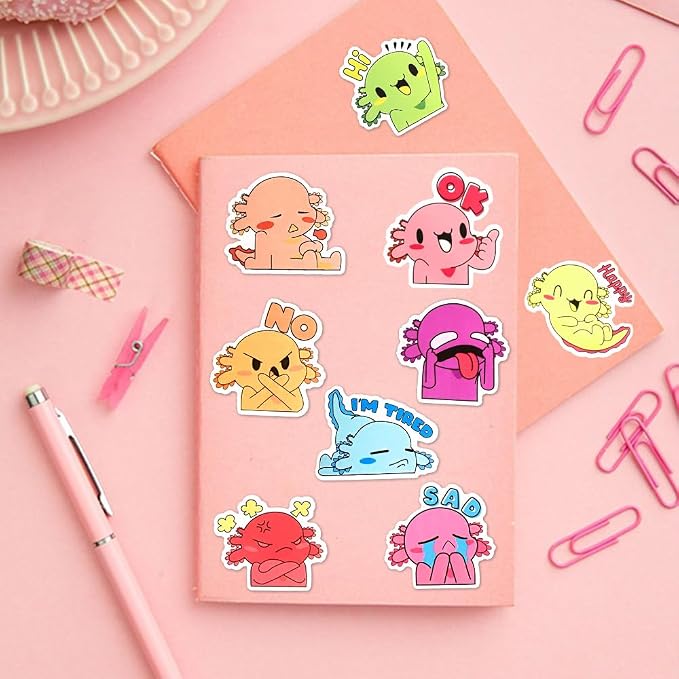 50 Pcs Axolotl Stickers for Water Bottles, Waterproof Vinyl Cute Stickers for Scrapbook, Laptops, Decorative Decals for Kids Girls Teens