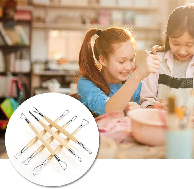 Culnflun Double Sided Clay Sculpting Tools, 6Pcs Wooden Handle Ribbon Clay Modeling Tools Ceramic Pottery Ribbon Sculpting Shaping Craft Kit for Fondant, Cake, Ceramic, Dough