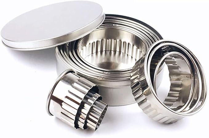 12 Pieces Stainless Steel Fluted Edge Round Cookie Biscuit Cutter Set Graduated Ring Sizes for Effortless Circle Cookie Shaping, Pastry