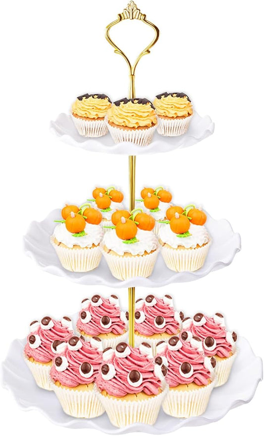 BACUTHY 3 Tier Cupcake Stand Holder, Plastic Cup Cake Tower Stand with Tiered Serving Tray for Dessert Display, Cupcakes, Donuts, Macaron and Fruits(White)