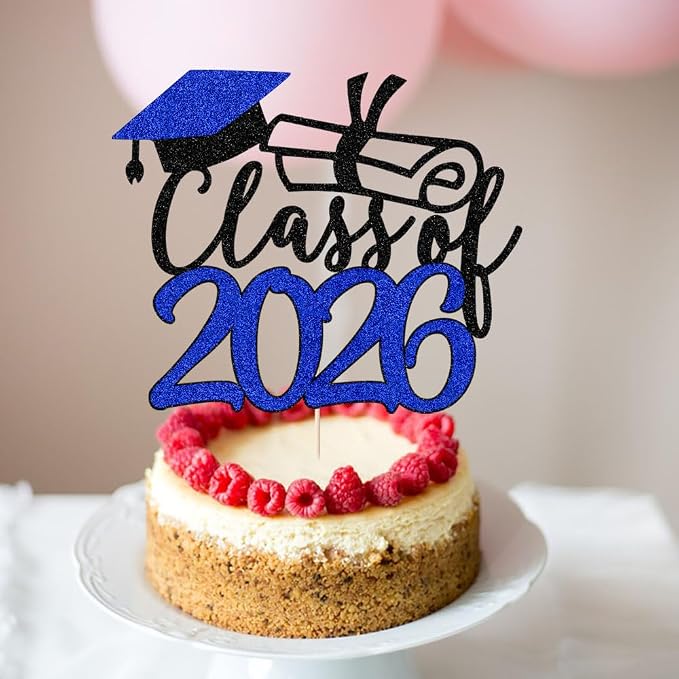 Gold Class of 2026 Congrats Grad Cake Topper Glitter Graduation Party Supplies - High School College Graduates -College Graduate Cake Topper Decorations (Class of 2026 Dark blue.)