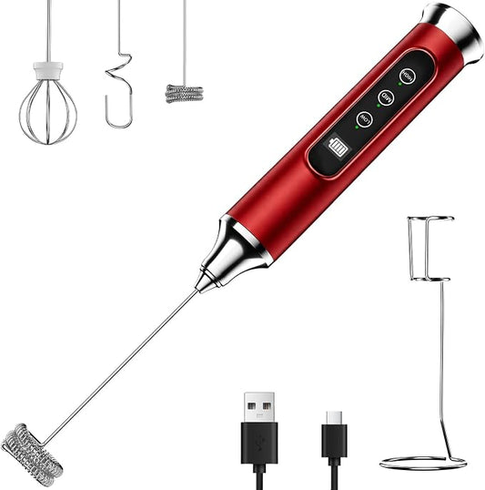 YUSWKO Milk Frother Wand for Coffee with Stand, Coffee Frother Handheld | Rechargeable Drink Mixer Wand, Waterproof Electric Whisk for Protein Powder, Lattes, 3 Variable Speeds 3 Whisks, Red