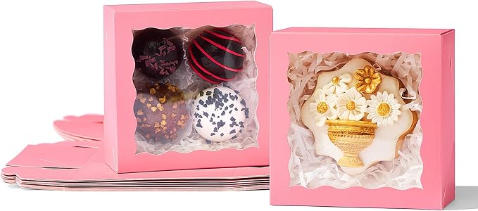 50-Count 4x4x2 Inches Food-Safe Pink Bakery Boxes - Multi-Use Pastry & Treat Packaging for Cookies, Truffles & Wedding Favors (Stackable Gift Boxes for Cakes, Pies & Cinnamon Rolls)
