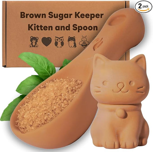 Sifri 3D Brown Sugar Keeper 2-in-1 Set – Terracotta Clay Cat & Spoon Saver Softener – Cute Kitchen Storage & Freshness Holder for Sugar – Gift for Bakers (1, Cat and Spoon)
