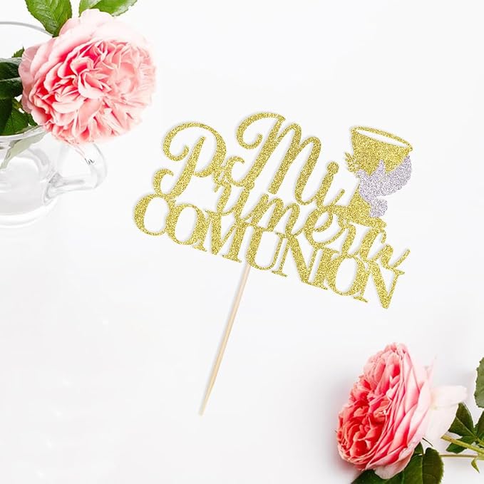 Gold Glitter Mi Primera Comunion Cake Topper, Spanish Baby First Baptism Cake Decor, First Communion/God Bless/Baby Shower Party Decorations Supplies