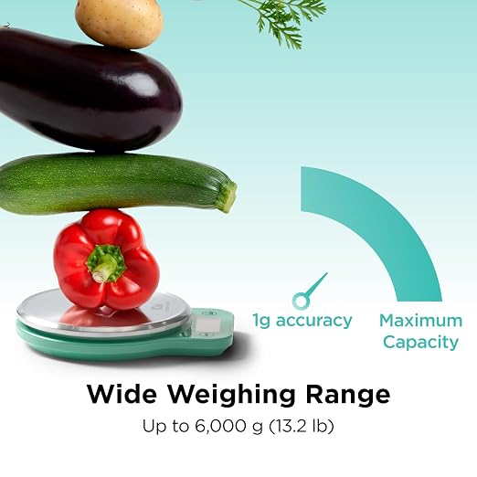Kitchen Mama Q-Series Digital Food Scale, Teal | 13.2 lb / 6000g Capacity, 1g Precision, Tare Function, Stainless Steel Platform, LCD Display