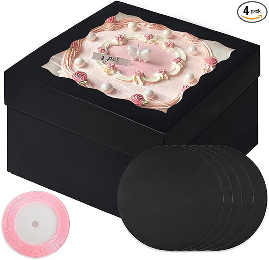qiqee Black 10x10x8 Cake Box, 4 Sets Cake Box with Window ＆ 4 Sets 10" Cake Round Boards, 10inch Cake Containers, 10 Meters Pink Silk Ribbon Includes