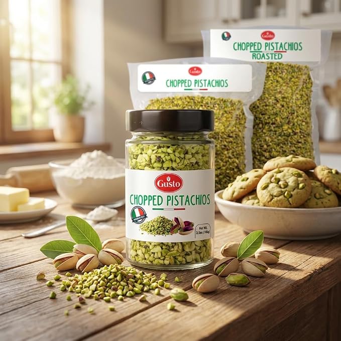 GUSTO ETNA Sicilian Chopped Pistachios, Raw Pistachios Crumbles 3.5 oz | Bronte-Sourced Crumbles for Baking, Cooking, Ice Cream, Pizza, Pasta, and Sandwiches; Product of Sicily, Italy.