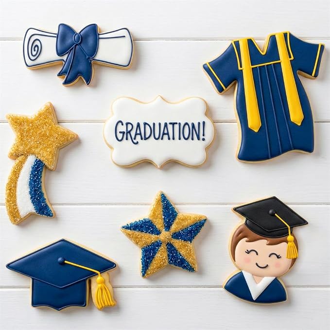 Graduation Cookie Cutters Set of 7, Stainless Steel, Cap Gown Diploma Graduate Star Shapes, for Graduation Celebration Party