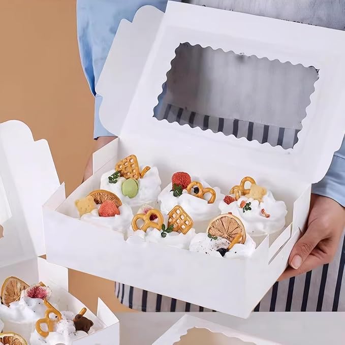 MUMULULU White Bakery Boxes with Window Cookie Boxes Treat Boxes for Desserts Cupcakes Muffins Donut Chocolate Strawberry (7PCS 12×8×2.5)