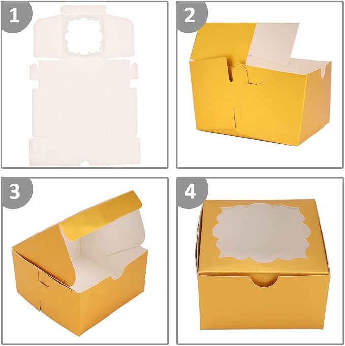 NPLUX 50pcs Cookie Boxes with Window Bakery Boxes Small Treat Boxes Mini Pie Boxes Pastry Boxes 4x4x2.5, Graduation Gifts Party Favors(Gold)