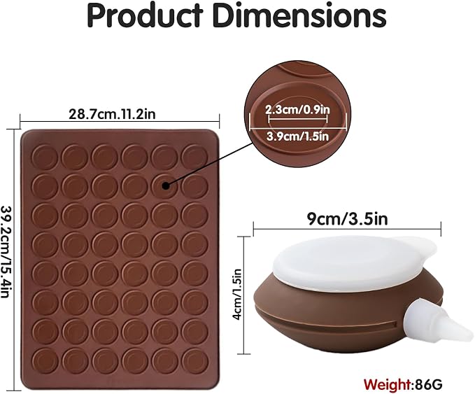 Silicone Macaron Baking Kit, 48 Capacity Macaron Silicone Mat and Decorating Piping Pot with 3 nozzles, Non stick Reusable Macaroon Baking Supplies (Brown)