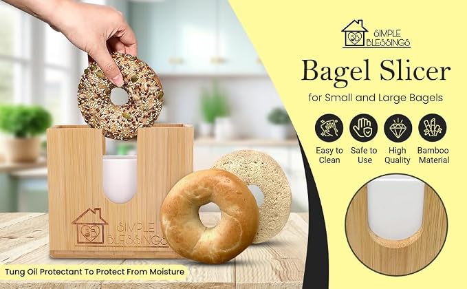 Bamboo Bagel Slicer w/Two Plastic Inserts & Non-Slip Silicone Pad - Adjustable Cutter Holder for Small & Large Bagels - Moisture Resistant & Thick Base