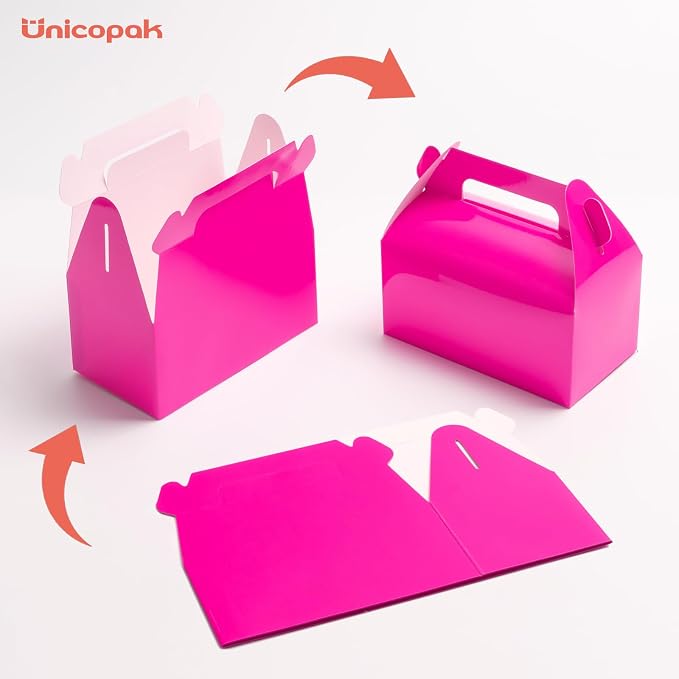 UnicoPak 30 Pack Hot Pink Party Favor Bag Boxes, Gable Gift Boxes with Handles for Candies, Treats, Goodies, Ideal for Girl Theme Birthday Party Bridal Shower Wedding Valentine's Day – 6.5x3.5x3.5 Inches