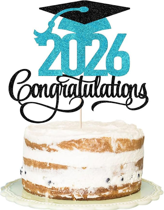 Black blue Glitter 2026 Congratulations Graduation Cake Topper,Congrats Grad Cake Decor - 2026 High School/College/Senior Graduation Party Decorations Supplies