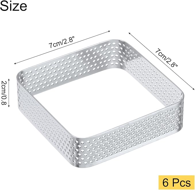 uxcell 6pcs Square Perforated Cake Rings 2.8 x 2.8 Inch Stainless Steel Cake Pastry Mousse Ring Molds for DIY Cake Dessert Mousse Pastries Baking, Silver Tone