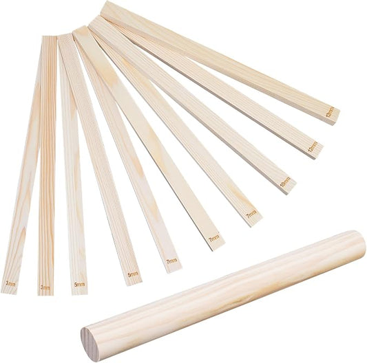 eZAKKA Clay Thickness Guides and Wooden Rolling Pin Set for Pottery, 11 Pcs | Pine Wood Slab Rollers with 5 Thicknesses (0.12-0.47") for Ceramic DIY Crafts, Mud Flattening & Sculpting Tools for Beginners