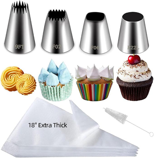 26PCS Extra Large Piping Tips and Bags Set,Jumbo Round Square Wide Star tip | for Churros,Eclairs,Macarons,Cupcakes, 4Jumbo Frosting Nozzles with 20Pcs 18Inch Large Pastry Bags Disposable,Brush,5Bag Ties