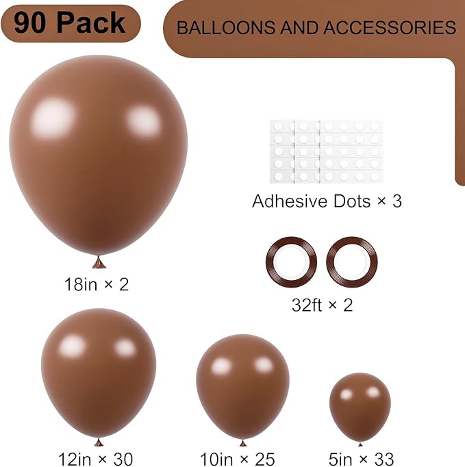 Voircoloria 90pack Coffee Balloons Different Size 18/12/10/5 Inch Coffee Balloon Garland Arch Kit for Graduation, Wedding, Birthday, Thanksgiving Day Party, Baby Shower, Anniversary Party Decorations