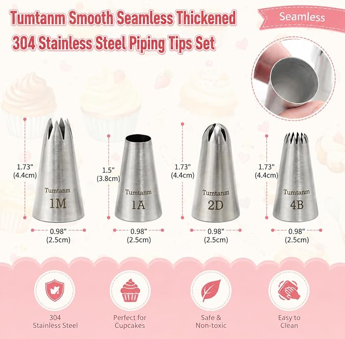 Professional Large Piping Nozzles, 4pcs Stainless Steel Seamless Icing Piping Nozzle Tip Set for Cakes, Cupcakes and Baking