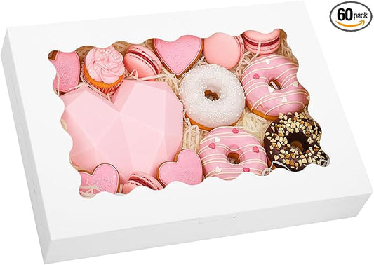 Moretoes 60pcs Cookie Boxes, 14x10x2.5 Inch Bakery Boxes with Window, for Donuts, Pies, Cakes, Muffins, and Pastries