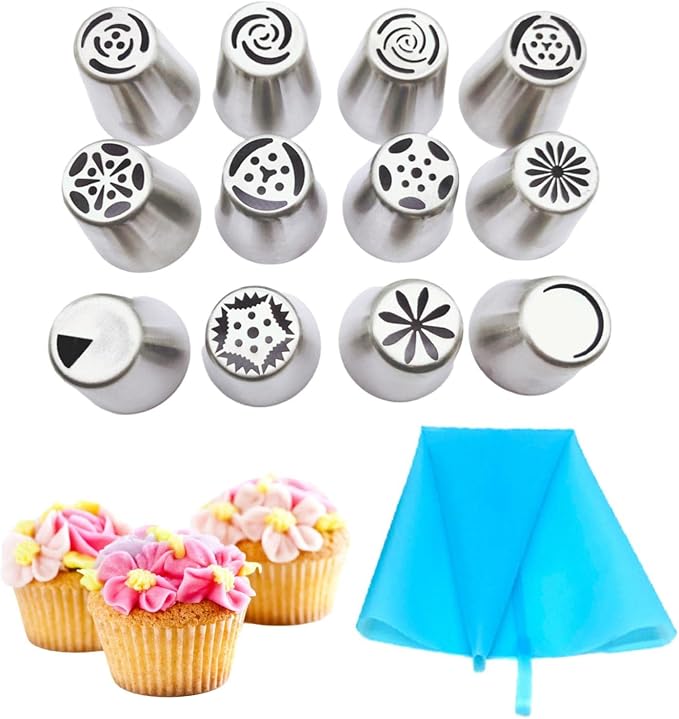 Piping Bags and Tips Set, 14pcs Russian Piping Tips Set Flower Frosting Tip Cupcake Decorating Kit Russian Nozzles Baking Supplies Kit for Cupcake Cookies Birthday Party Baking goods