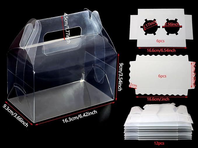 Clear Cupcake Boxes 12pcs, 6.5x3.7x3.5in Plastic Gable with Handle | Clear plastic gable boxes with handle. Food-grade PET, 12PK for cupcakes, cookies, party treats & gifts. Sturdy carry design