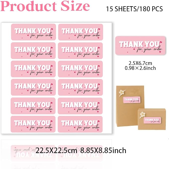180 Pcs Thank You Stickers, Pink Thank You for Your Order Stickers Appreciation Labels Self-Adhesive Waterproof Stickers for Envelopes Packaging Businesses Gifts