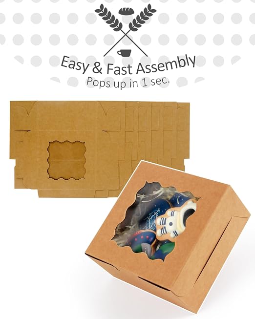 qiqee 140Pcs Brown Bakery Box with Window 6"×6"×3" Macaron Boxes Small Donut Pastry Boxes for Party Mini Cookie Boxes