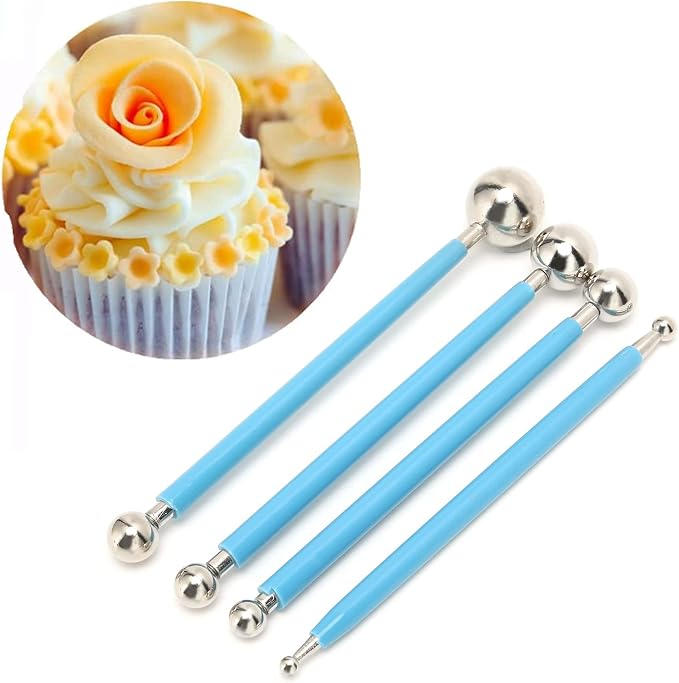 4Pcs Cake Metal Ball Dotting Sculpting Modeling Tool Set premium Stainless Steel 304 Baking Decorating Kit for Fondant Cake Clay Art DIY Projects Blue