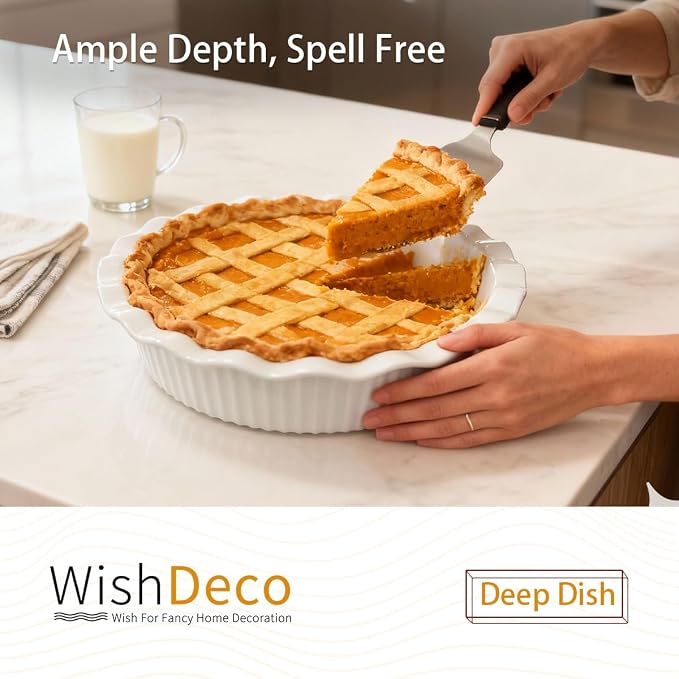 WishDeco Ceramic Pie Pan for Baking 23 cm / 9 inch, Deep Round Pie Dish 1500 ml / 50 oz, Pie Plate with Fluted Rim, Porcelain Baking Dish for Apple Pie, Quiche, Tart, Cake Oven & Microwave Safe