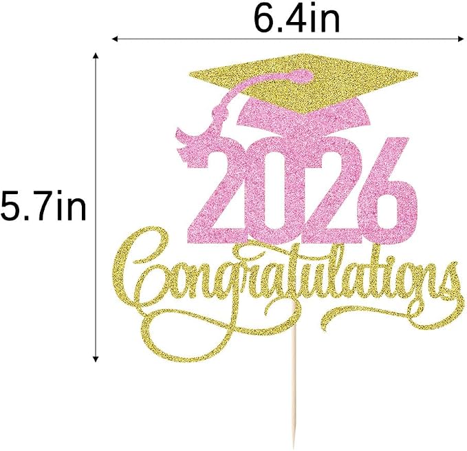 Golden pink 2026 Congratulations Graduation Cake Topper,Congrats Grad Cake Decor - 2026 High School/College/Senior Graduation Party Decorations Supplies