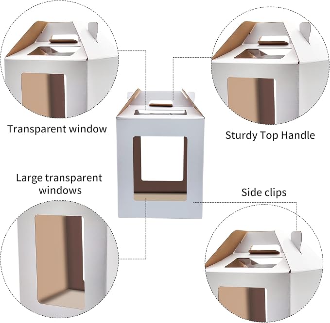 KBG Tall Cake Boxes 6pcs 14x14x16 and 16x16x18 Inches White With Window for Tier Cakes, Wedding, Birthday Transport - Large With Handle, Disposable Containers