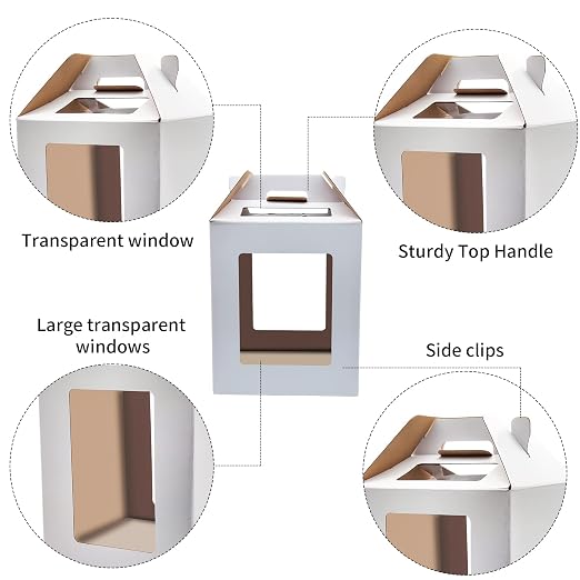 KBG Cake Boxes 6pcs 10x10x12 and 12x12x14 Inches With Window Tall Cake Box for Tier Cakes for Wedding Birthday Transport,Sturdy White Bakery Box Disposable Cake Containers Cake Boxes