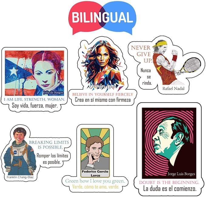 Hispanic Heritage Month Stickers - Bilingual Motivational Quotes from Latin Icons for Students Spanish Learners Journals