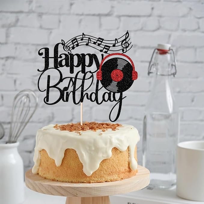 Black Glitter Record Happy Birthday Cake Topper，Music Lover Theme Birthday Party Supplies，Vinyl Retro Rock/CD Hip Hop Dancing Ball Party Decoration Supplies (music)