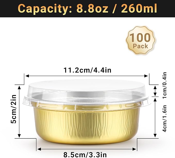 Beasea Aluminum Ramekins With Lids, 100 Pack 8.8oz 260ml 4 Inch Disposable Foil Aluminum Baking Cups Round Oven Baking Mini Cupcake Cups for Party - Golden