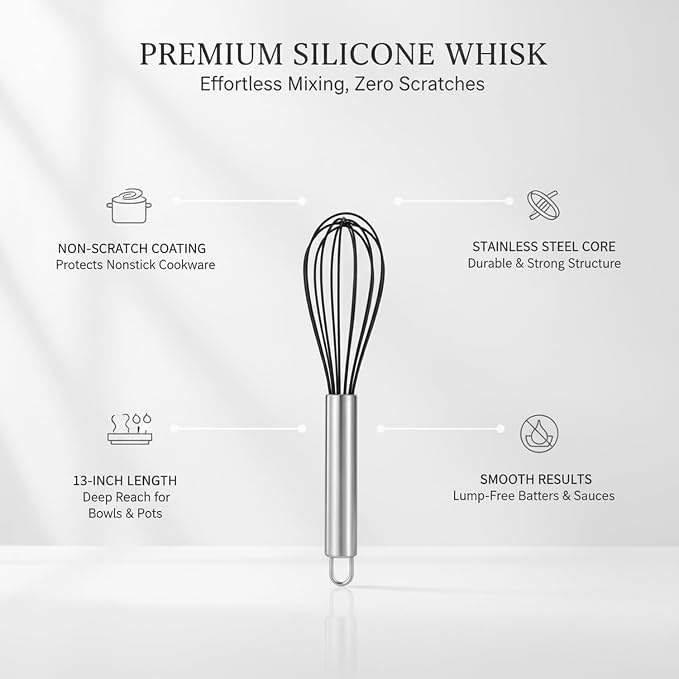 Multipurpose Silicone Whisk for Batters, Sauces & Eggs - Non-Scratch Coated Wires with Stainless Steel Core, 13 Inch Kitchen Tool