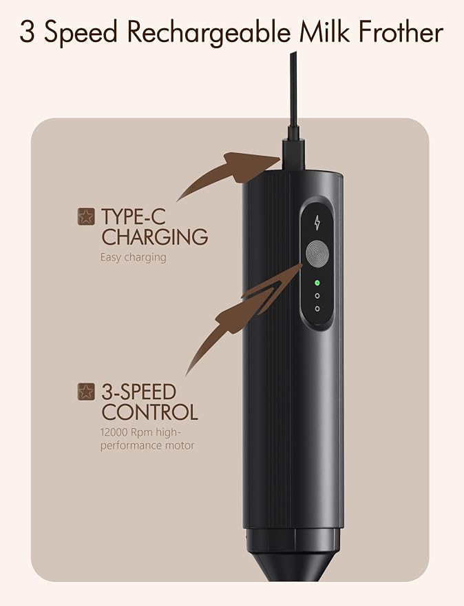 Rechargeable Milk Frother Hanheld, 3 Speed Frother Wand Drink Mixer Handheld Coffee Stirrers Electric Frother for Coffee Mixer Wand -Black