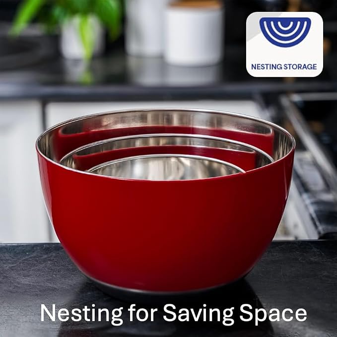 WHYSKO® Stainless Steel Mixing Bowls (Set of 3) with Non-Slip Silicone Base for Kitchen, Dishwasher Safe Bowls for Meal Prep, Cooking, Baking, Serving, Food Storage (Red)